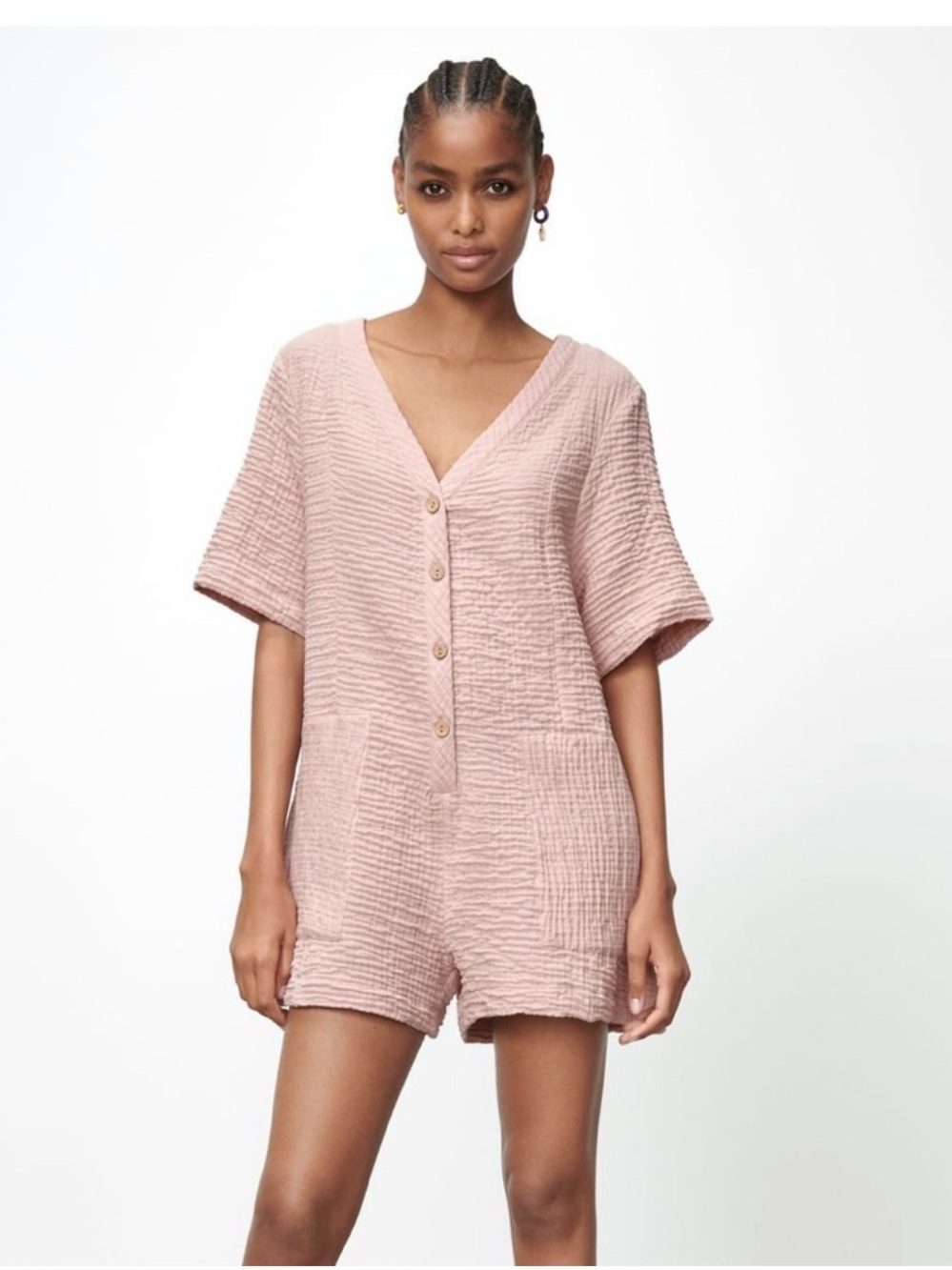 Zara Blush Textured V-Neck Short Romper